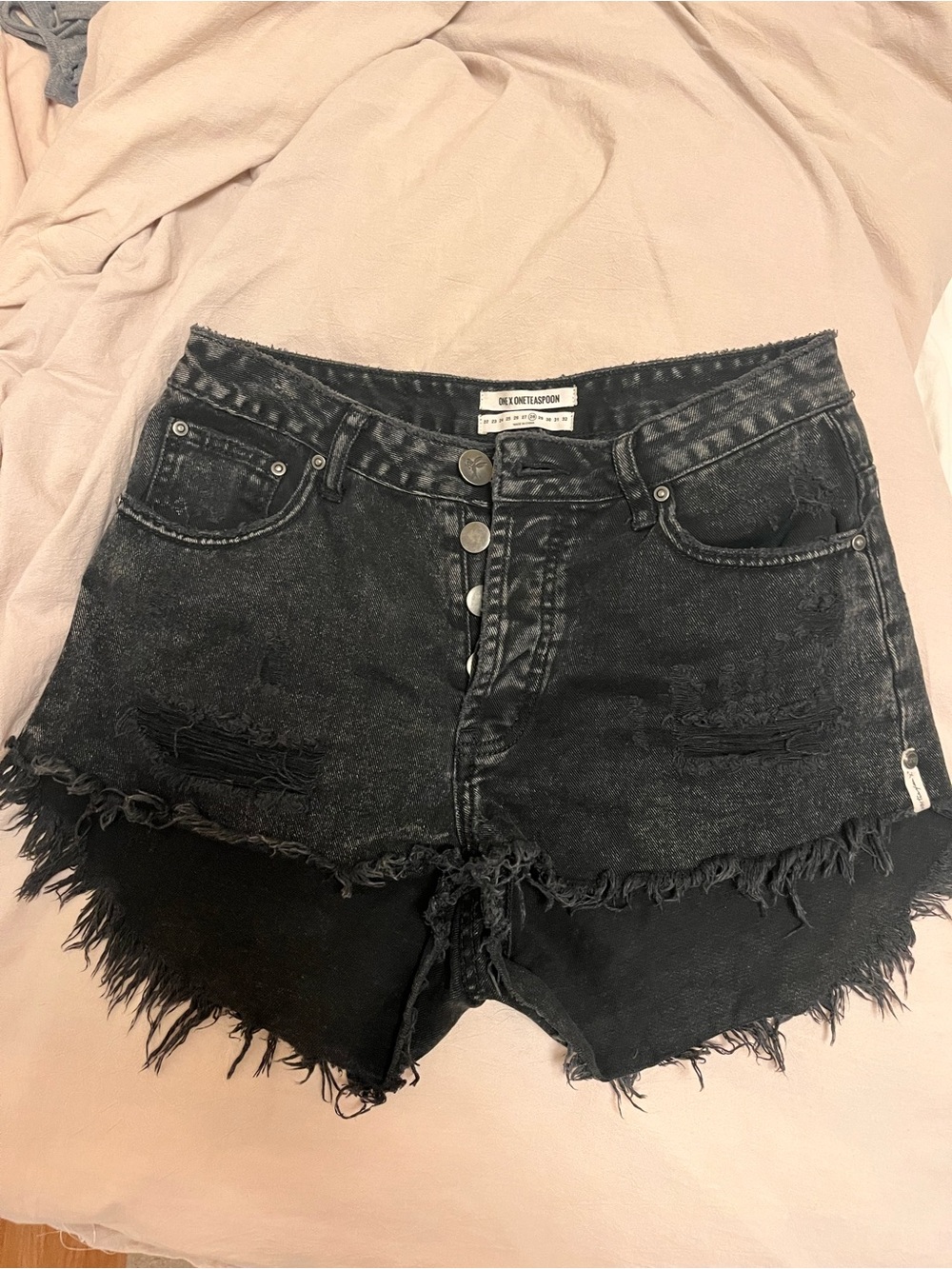 One Teaspoon Black Distressed Button-Fly Denim Shorts